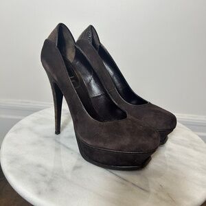 YSL Tribute 105 Suede Ostrich Platform Heels